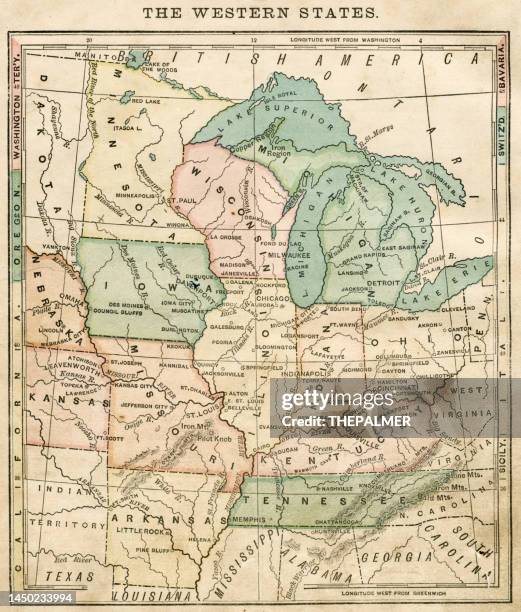 the western states - usa map 1876 - minnesota v wisconsin stock illustrations