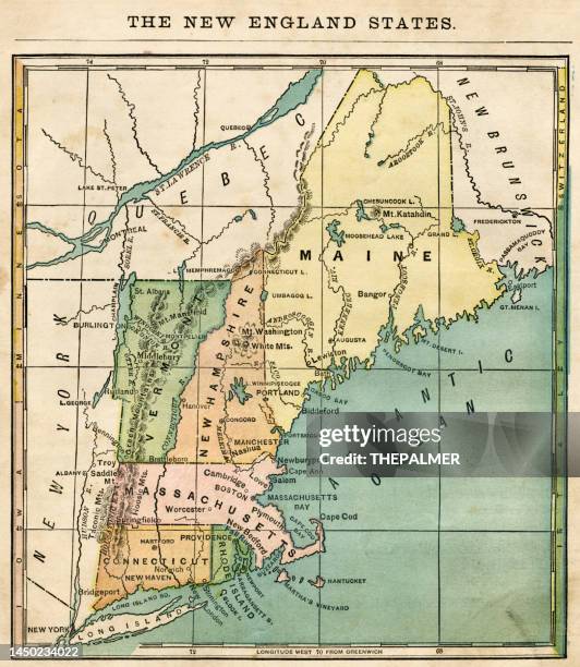 the new england states usa map 1876 - new england usa stock illustrations