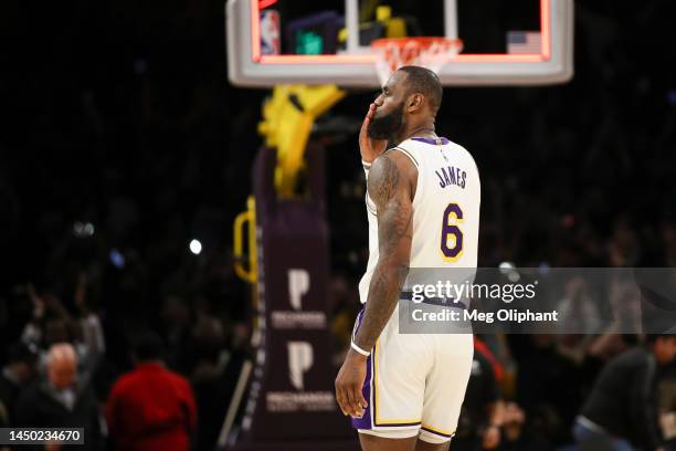 LeBron James of the Los Angeles Lakers blows a kiss to the crowd after defeating the Washington Wizards at Crypto.com Arena on December 18, 2022 in...