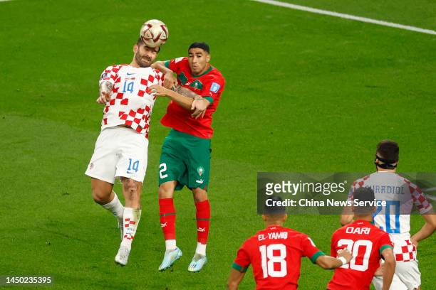 Marko Livaja of Croatia heads the ball during the FIFA World Cup Qatar 2022 3rd Place match between Croatia and Morocco at Khalifa International...