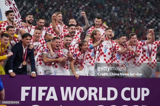 Team of Croatia celebrates their victory after the FIFA World Cup Qatar 2022 3rd Place match between Croatia and Morocco at Khalifa International...