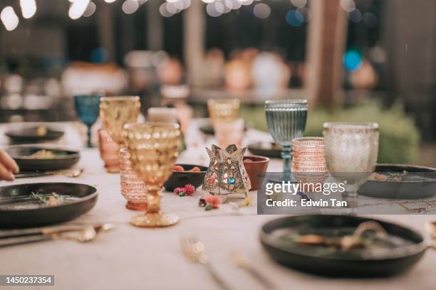outdoor fine dining table setting - crystal glasses stock pictures, royalty-free photos & images