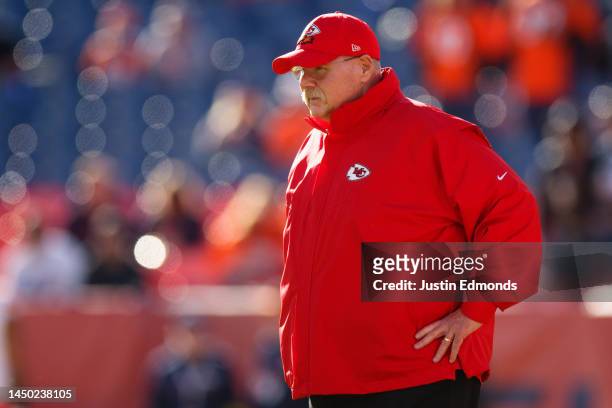 Head coach Andy Reid of the Kansas City Chiefs stands on the field before a game against the Denver Broncos at Empower Field at Mile High on December...
