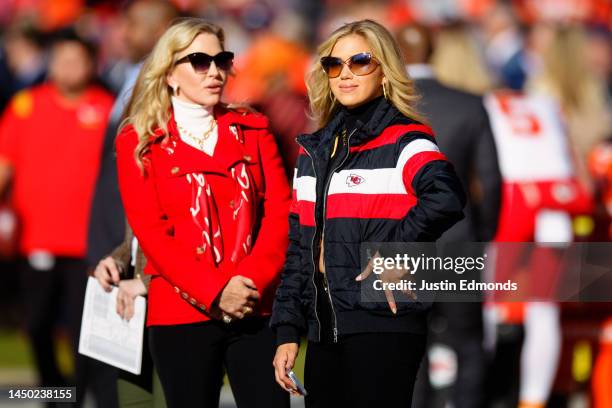 Gracie Hunt , the daughter of Kansas City Chiefs owner Clark Hunt, and Tavia Hunt enjoy the sidelines before a game against the Denver Broncos at...