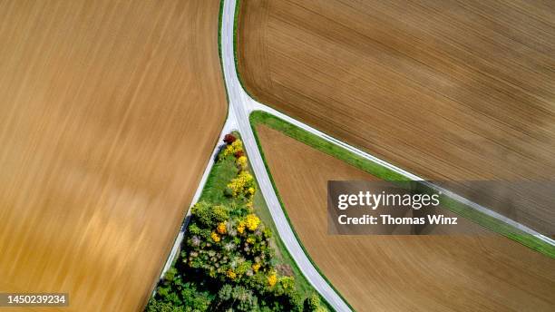 country roads through agricultural fields from above - roads merging stock pictures, royalty-free photos & images