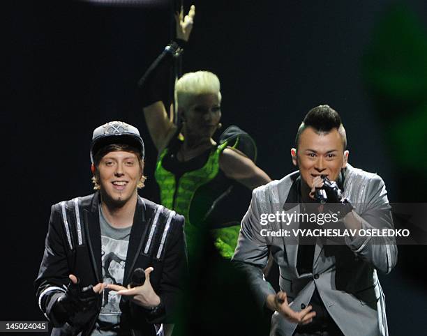 Austria's hip-hop group Trackshittaz performs during the First Semi-Final of the Eurovision 2012 song contest in the Azerbaijan's capital Baku, late...