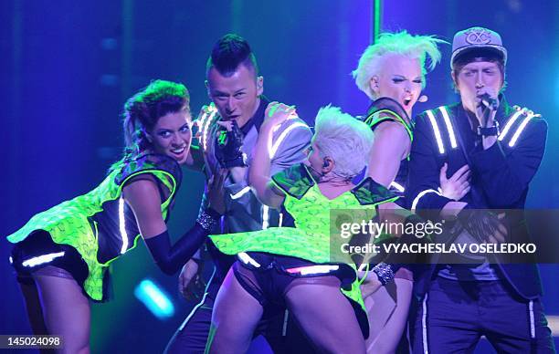 Austria's hip-hop group Trackshittaz performs during the First Semi-Final of the Eurovision 2012 song contest in the Azerbaijan's capital Baku, late...