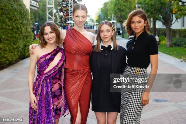 Maude Apatow, Hunter Schafer, Sydney Sweeney, and Zendaya attend Euphoria FYC at Paramount Theatre on December 18, 2022 in Los Angeles, California.