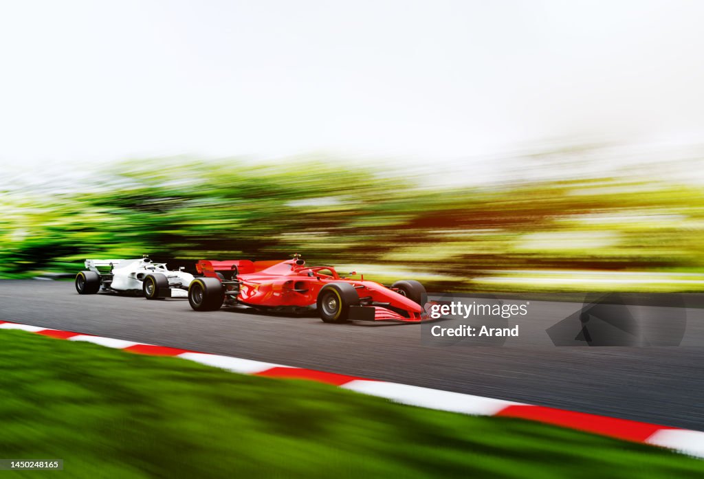 Red Racing Car On Track Red Race Car Leading On A Race Track High-Res Stock Photo - Getty Images