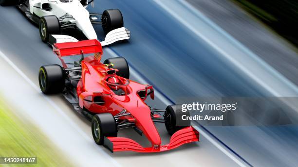 red race car leading on a race track - race 1 imagens e fotografias de stock