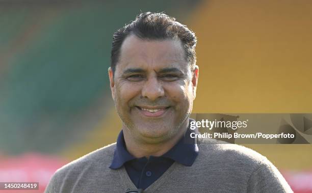Waqar Younis smiles before the third day of the third Test between Pakistan and England at Karachi National Stadium on December 19, 2022 in Karachi,...