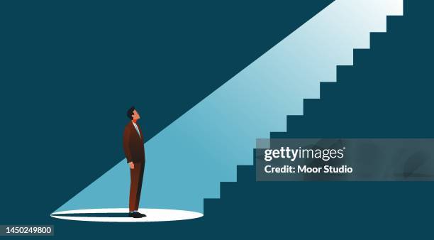 man land staircase made of ray of light illustration. - staircase vector stock illustrations