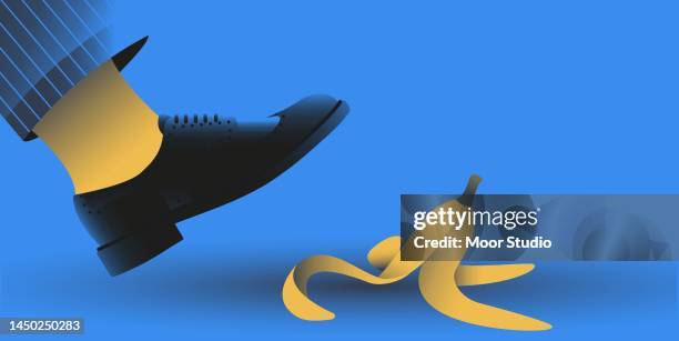 stockillustraties, clipart, cartoons en iconen met men stepping on banana peel vector illustration. - red background