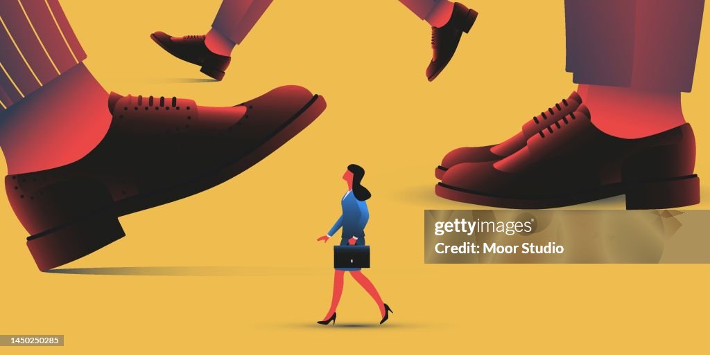 Tiny woman among giant men vector illustration.