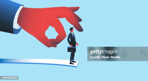 ilustrações de stock, clip art, desenhos animados e ícones de giant hand flicking employee vector illustration. - despedida