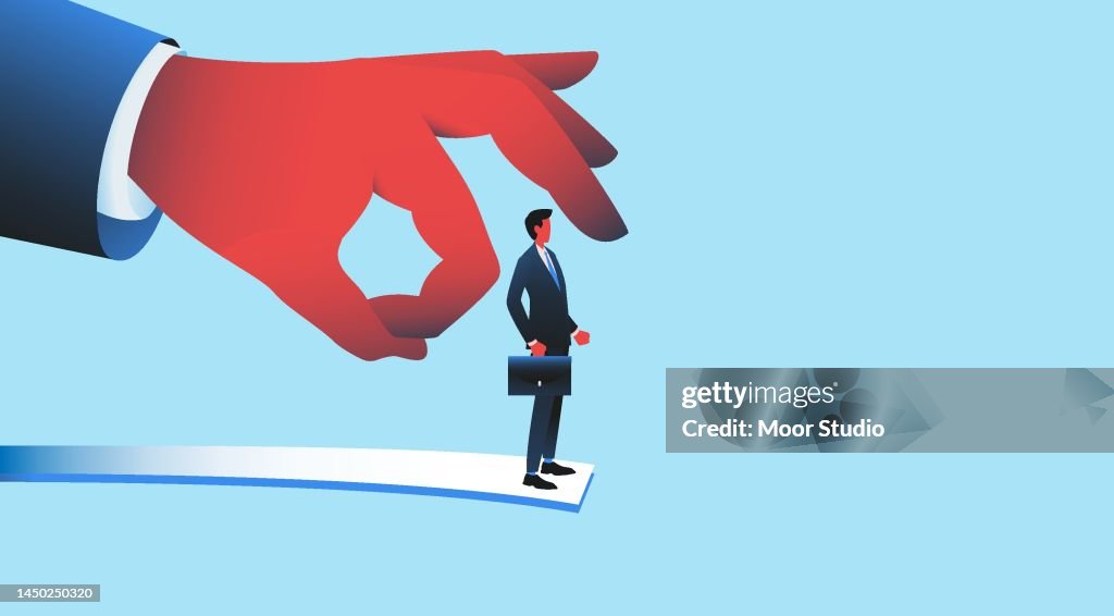 Giant hand flicking employee vector illustration.