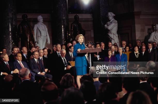 American First Lady of the United States Hillary Clinton speaks on Health Care Reform at the plan's delivery to Congress in Washington, DC, 27th...