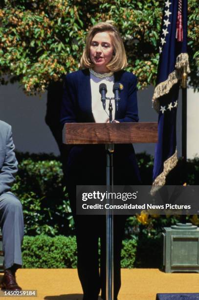 American First Lady of the United States Hillary Clinton addresses the National Volunteer Week Awards, held at the White House in Washington, DC,...