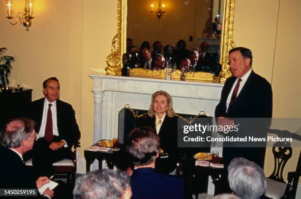 American politician John Chafee speaks as he welcomes American First Lady of the United States Hillary Clinton as she met with Republican Senators at...