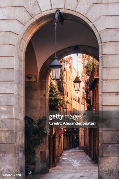 narrow alley in barcelona gothic quarter, spain - gotisches viertel barcelona stock-fotos und bilder