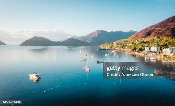morning in the bay of marmaris. soft dawn. yachts and boats in the bay of the mediterranean sea. turkish landscape - turquie photos et images de collection