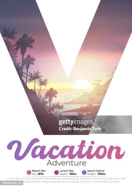 sunset on a tropical beach poster with palms - benjamin brand stock illustrations