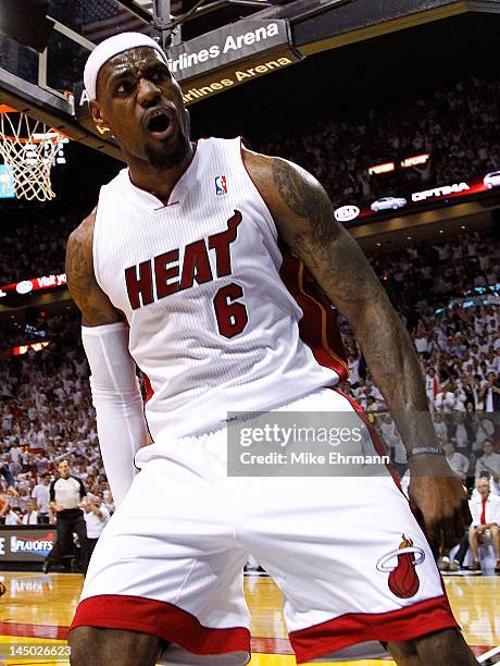 LeBron James of the Miami Heat dunks during Game Five of the Eastern Conference Semifinals in the 2012 NBA Playoffs against the Indiana Pacers at...