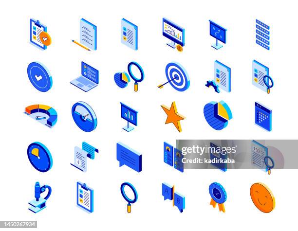 bildbanksillustrationer, clip art samt tecknat material och ikoner med assessment isometric icon set and three dimensional design. review, analysis, test, verification, online survey, rating, inspection, examination, evaluation, report, search, consent, measure. - isometric projection