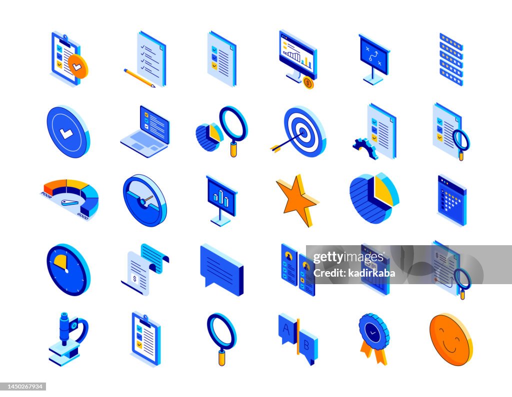Assessment Isometric Icon Set and Three Dimensional Design. Review, Analysis, Test, Verification, Online Survey, Rating, Inspection, Examination, Evaluation, Report, Search, Consent, Measure.