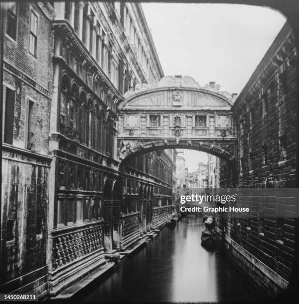 The Bridge of Sighs , an enclosed bridge constructed from white limestone, spanning the Rio di Palazzo in Venice, Italy, circa 1875. The bridge,...