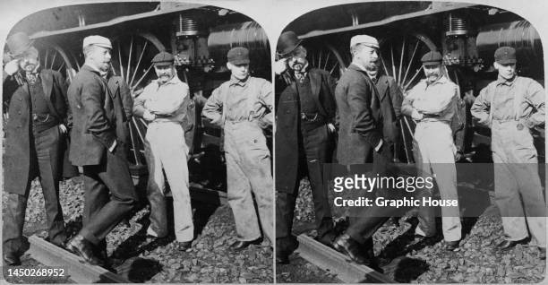 Stereoscopic image showing German Royal Prince Henry of Prussia with people as he is about to board a locomotive for a ride through the Allegheny...