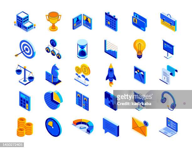 stockillustraties, clipart, cartoons en iconen met business isometric icon set and three dimensional design. businessman, businesswoman, teamwork, partnership, agreement, human resources, office, collaboration, leader, team, mission. - financial planner
