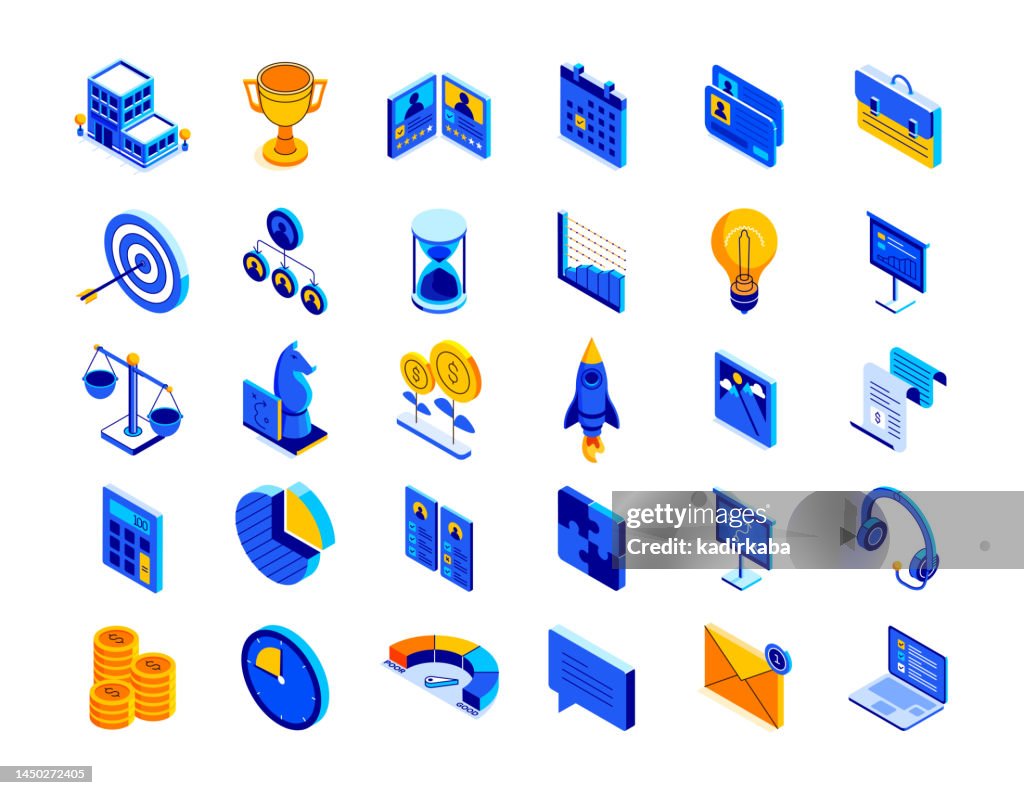 Business Isometric Icon Set and Three Dimensional Design. Businessman, Businesswoman, Teamwork, Partnership, Agreement, Human Resources, Office, Collaboration, Leader, Team, Mission.