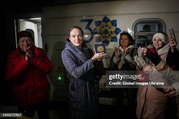 Oleksandra Matviichuk , head of the Center for Civil Liberties awarded this year’s with the Nobel Peace Prize, holds the Nobel medal at the Kyiv...