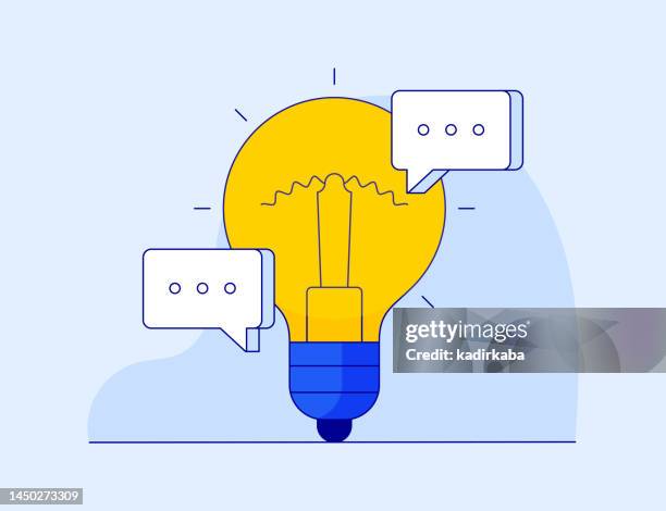 brainstorming line icon, design, pixel perfect, editable stroke. ideas, meeting, light bulb, speech bubble, creativity. - blurred background office stock illustrations
