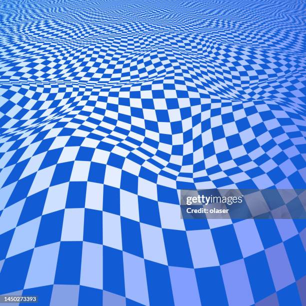 blue checked 3d surface of warped squares, with perspective - wireframe stock illustrations