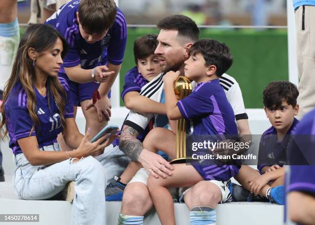 Lionel Messi of Argentina with his wife Antonella Roccuzzo and their sons celebrate following the FIFA World Cup Qatar 2022 Final match between...