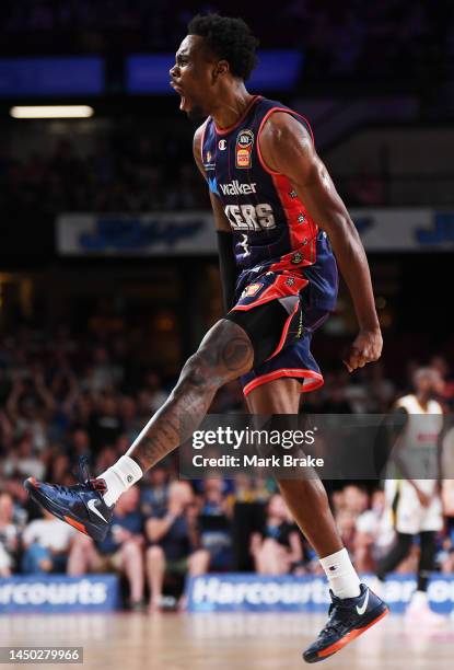 Antonius Cleveland of the 36ers celebrates a basket during the round 11 NBL match between Adelaide 36ers and Tasmania Jackjumpers at Adelaide...