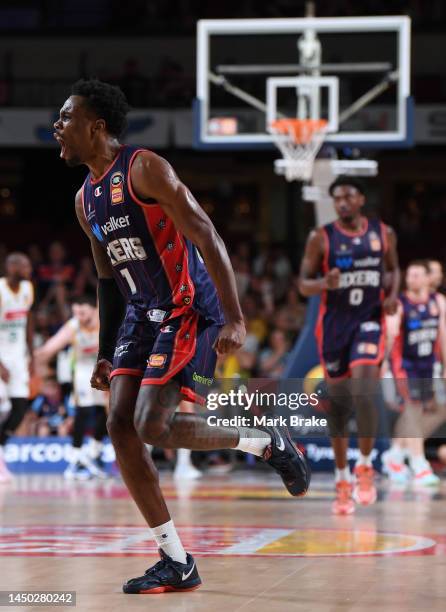 Antonius Cleveland of the 36ers celebrates a basket during the round 11 NBL match between Adelaide 36ers and Tasmania Jackjumpers at Adelaide...