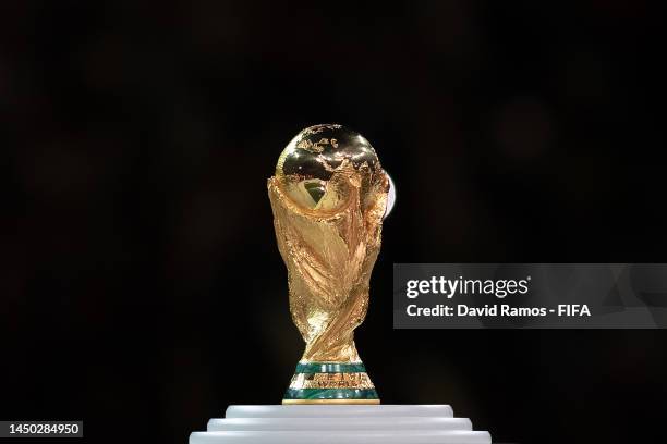 The FIFA World Cup Trophy sits on display during the awards ceremony following the FIFA World Cup Qatar 2022 Final match between Argentina and France...