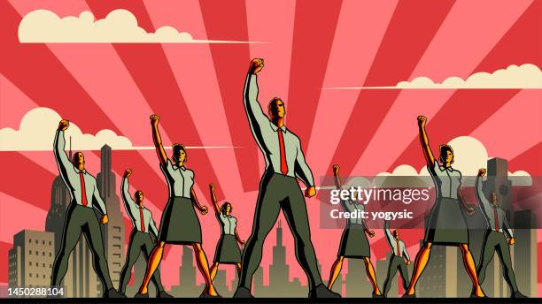 vektor retro propaganda stil arbeiter mit faust in der luft stock illustration - propaganda stock-grafiken, -clipart, -cartoons und -symbole