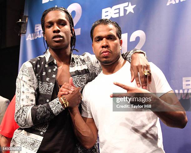 Rapper A$ap Rocky and photographer Johnny Nunez attend the BET Awards '12 Nominations Press Conference at BET Studios on May 22, 2012 in New York...
