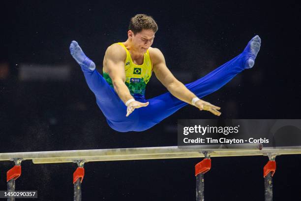 November 2: Diogo Soares of Brazil performs his parallel bars routine during the Men's Team Final at the World Gymnastics Championships-Liverpool...