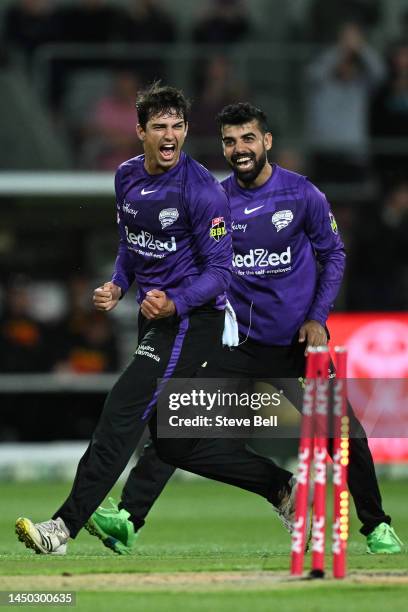 Patrick Dooley of the Hurricanes celebrates the wicket of Ashton Agar of the Scorchers during the Men's Big Bash League match between the Hobart...