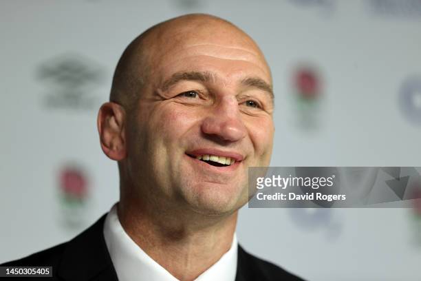Steve Borthwick talks to the media after he is appointed England Rugby Men’s Head Coach during a press conference at Twickenham Stadium on December...