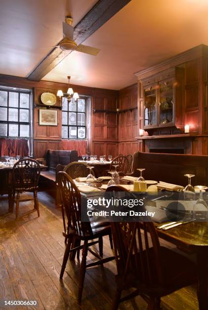 View of the Ye Olde Cheshire Cheese Dining Room on August 6,2013 in London, England. The pub is a Grade II listed public house, rebuilt after the...