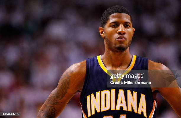 Paul George of the Indiana Pacers looks on during Game Five of the Eastern Conference Semifinals in the 2012 NBA Playoffs against the Miami Heat at...