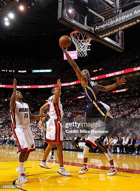 Dahntay Jones of the Indiana Pacers drives to the rim during Game Five of the Eastern Conference Semifinals in the 2012 NBA Playoffs against the...