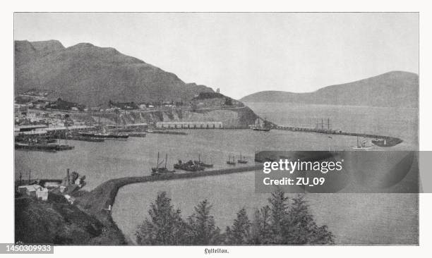 lyttelton, south island of new zealand, halftone print, published 1899 - christchurch new zealand stock illustrations