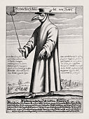17th century illustration of a plague doctor in Rome